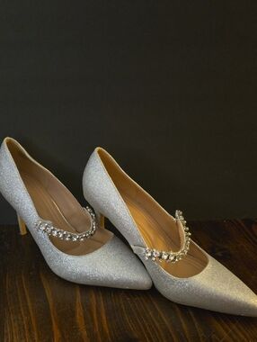 BCBGeneration Silver Glitter Pointed Pumps with Crystal Embellishment